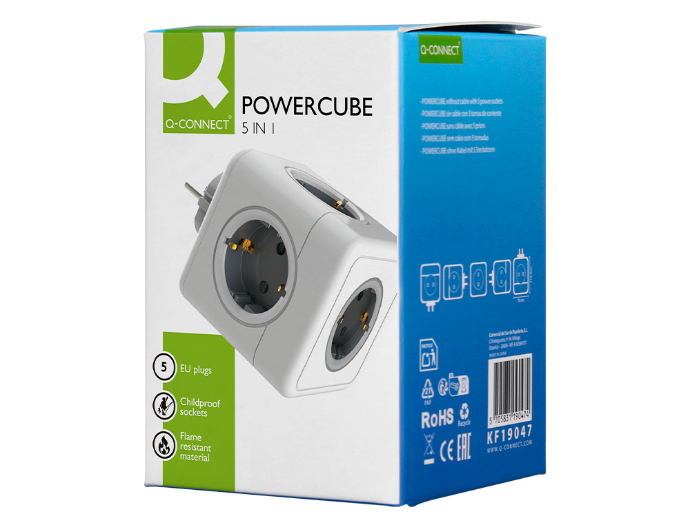 MULTIPRISE Q-CONNECT POWER CUBE 5 EN 1 CONNEXION DIRECTE PRISE MURALE 5 PRISES COURANT 75X75X112 MM