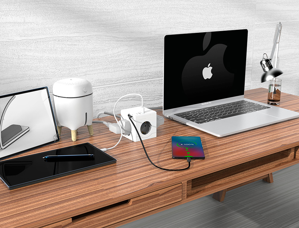 MULTIPRISE Q-CONNECT POWER CUBE 6 EN 1 CONNEXION DIRECTE MURALE 3 PRISES COURANT 2 PORTS USB 1 PORT