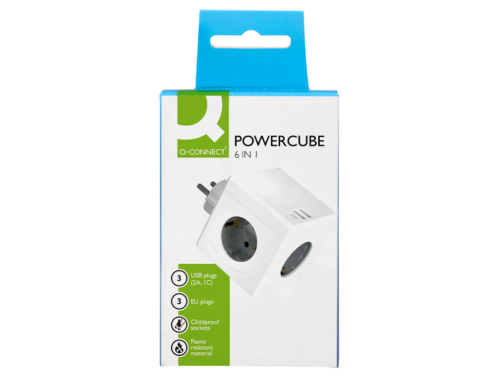 MULTIPRISE Q-CONNECT POWER CUBE 6 EN 1 CONNEXION DIRECTE MURALE 3 PRISES COURANT 2 PORTS USB 1 PORT