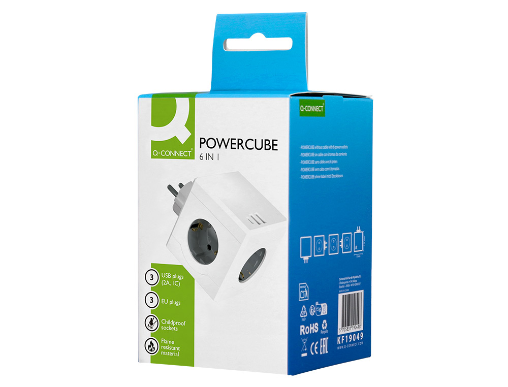 MULTIPRISE Q-CONNECT POWER CUBE 6 EN 1 CONNEXION DIRECTE MURALE 3 PRISES COURANT 2 PORTS USB 1 PORT