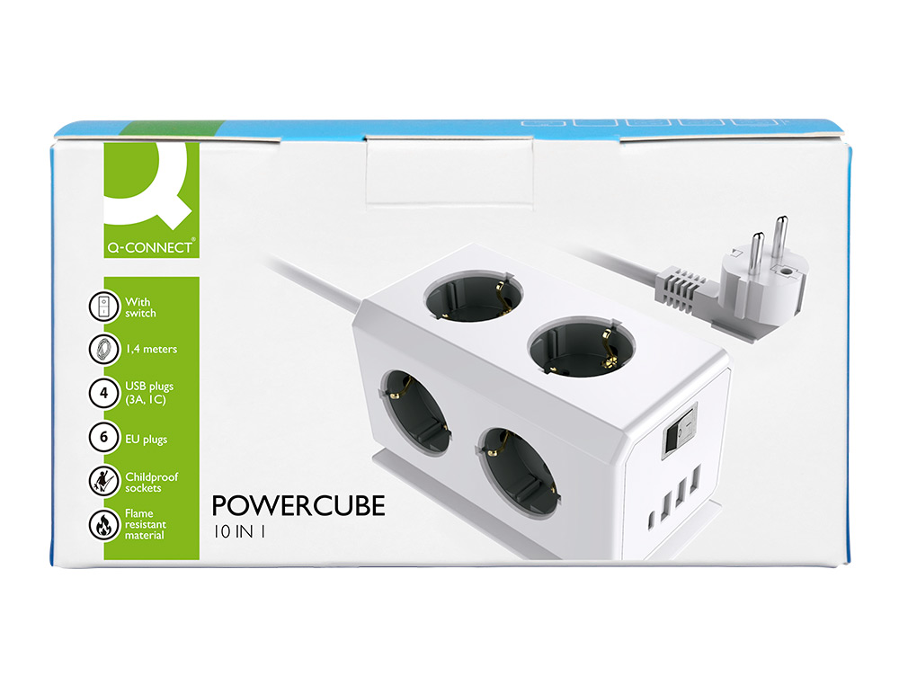 MULTIPRISE Q-CONNECT 10 EN 1 CABLE 1,4M 6 PRISES COURANT 3 PORTS USB 1 PORT USB-C        140X76X87 MM