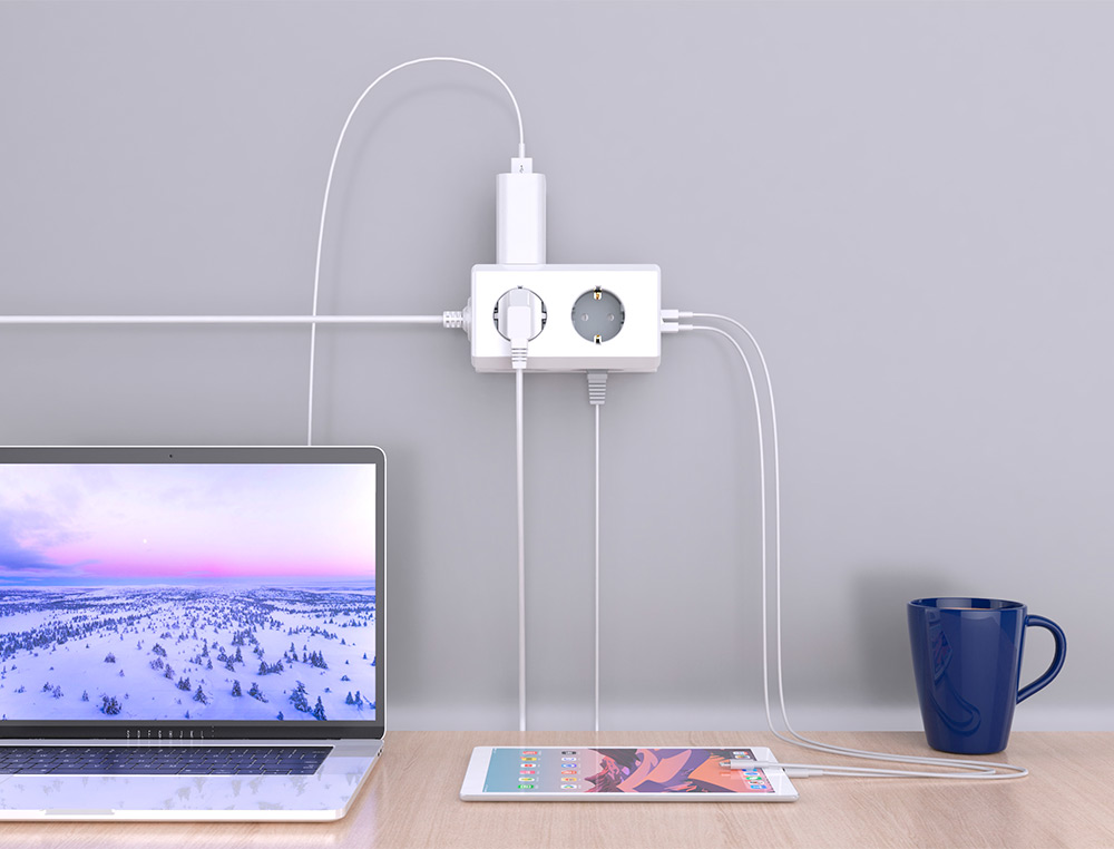 MULTIPRISE Q-CONNECT 10 EN 1 CABLE 1,4M 6 PRISES COURANT 3 PORTS USB 1 PORT USB-C        140X76X87 MM