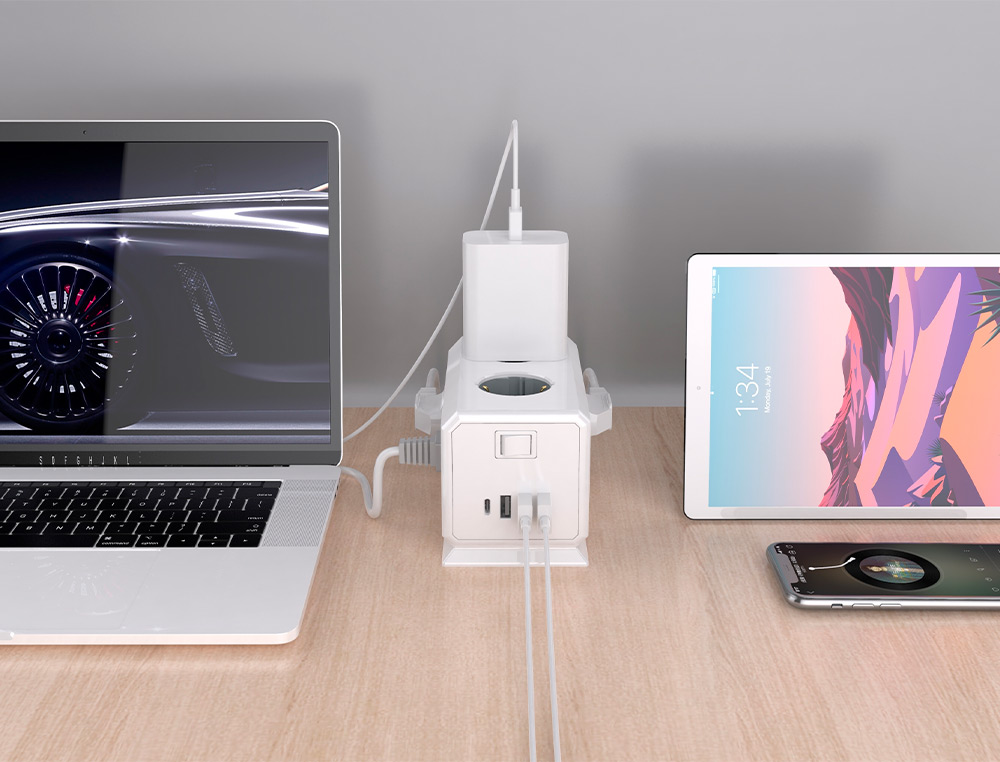 MULTIPRISE Q-CONNECT 10 EN 1 CABLE 1,4M 6 PRISES COURANT 3 PORTS USB 1 PORT USB-C        140X76X87 MM