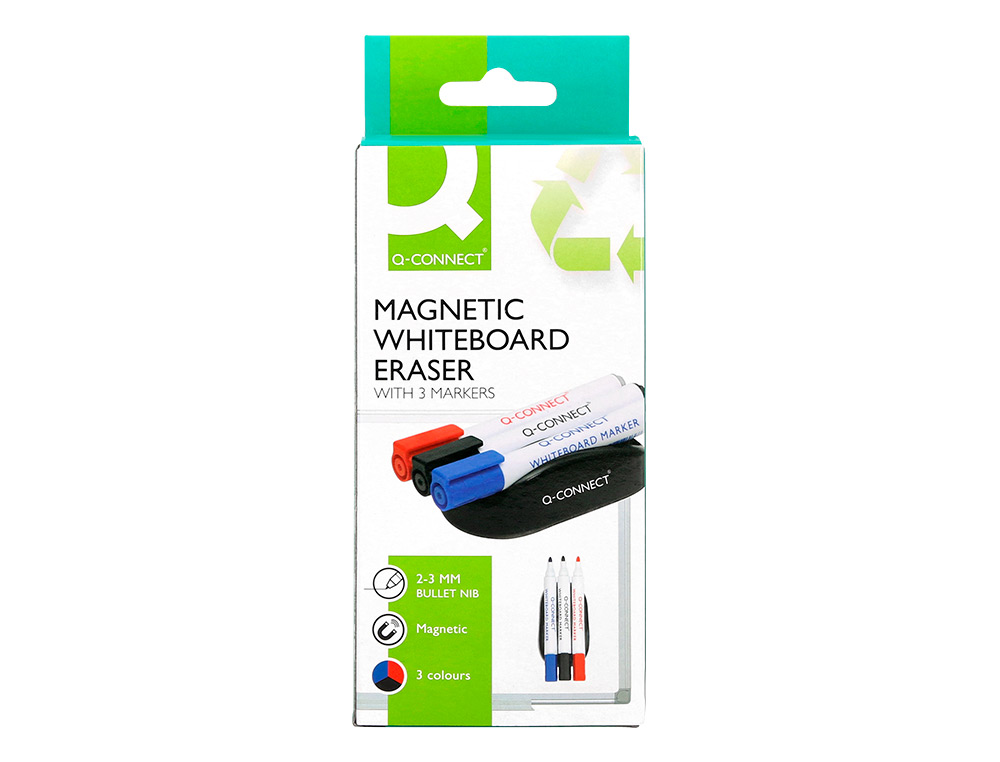 EFFACEUR Q-CONNECT MAGNETIQUE POUR TABLEAU BLANC AVEC 3 MARQUEURS BLEU / NOIR / ROUGE