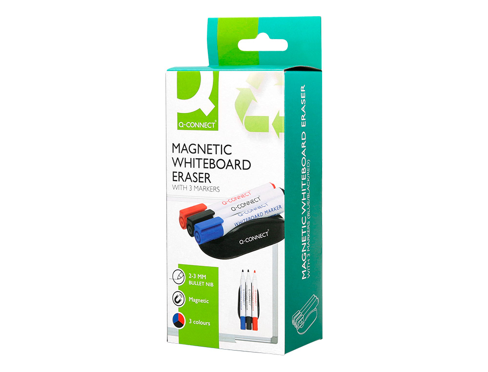EFFACEUR Q-CONNECT MAGNETIQUE POUR TABLEAU BLANC AVEC 3 MARQUEURS BLEU / NOIR / ROUGE