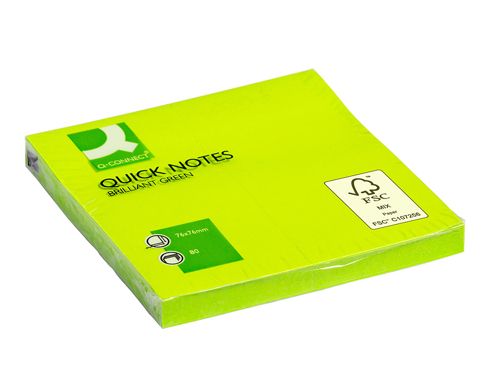 BLOC-NOTES Q-CONNECT QUICK NOTES COULEURS NON 76X76MM 80F REPOSITIONNABLES COLORIS VERT VIF