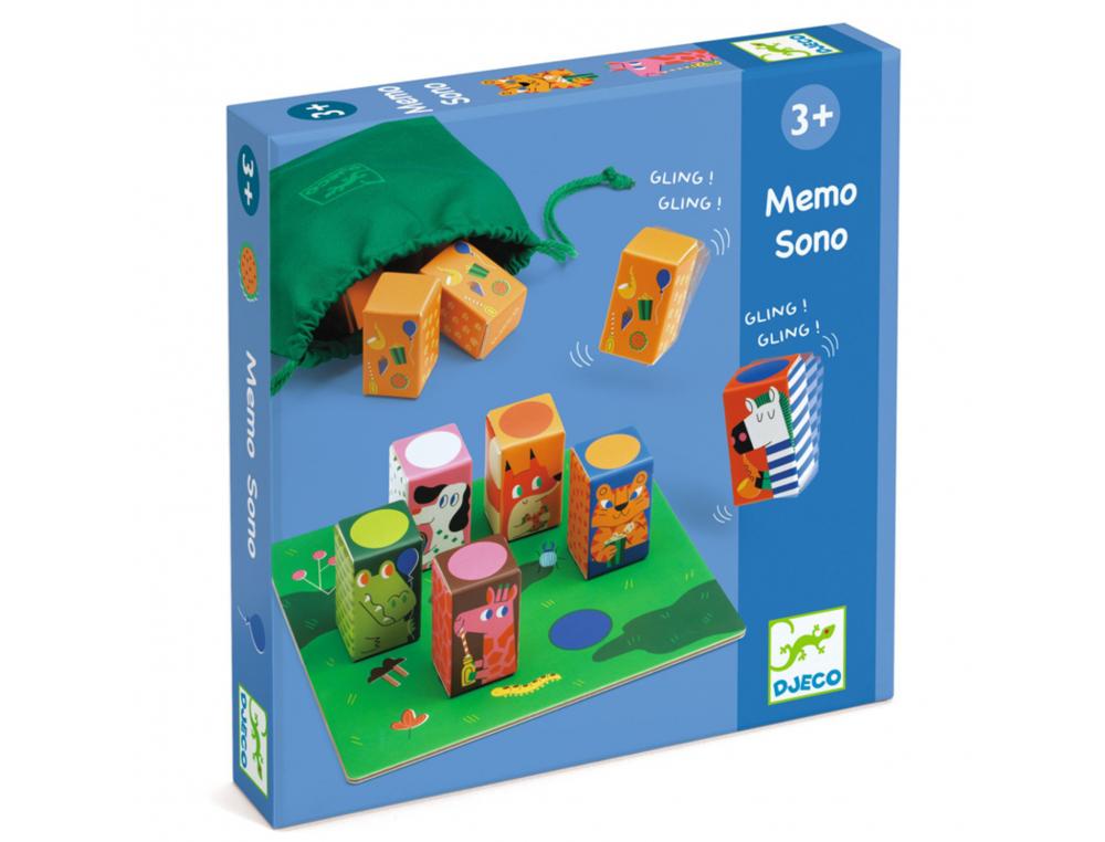 MEMO DJECO MEMO SONO JEU EDUCATIF RETROUBVER LES       PAIRES 12 CUBES 1 SAC EN      TISSU 1 PLATEAU DE JEU