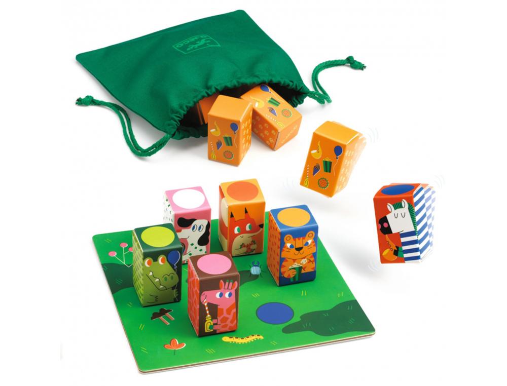 MEMO DJECO MEMO SONO JEU EDUCATIF RETROUBVER LES       PAIRES 12 CUBES 1 SAC EN      TISSU 1 PLATEAU DE JEU