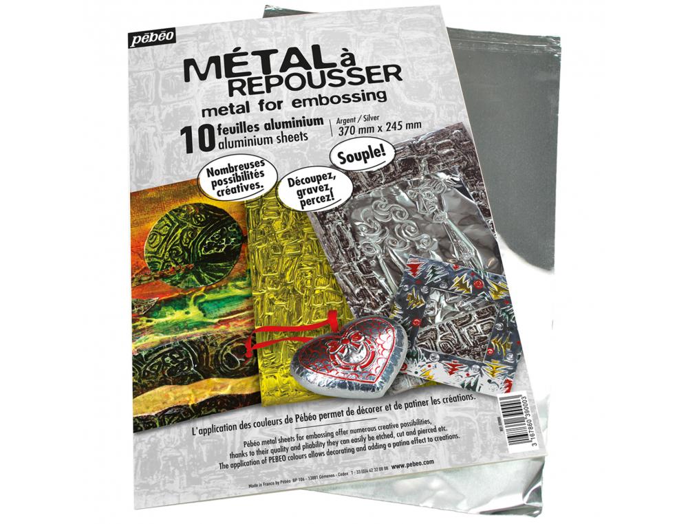 POCHETTE FEUILLES ALUMINIUM METAL A REPOUSSER GRAINE CREATIVE 40X30CM 10 FEUILLES COLORIS ARGENT