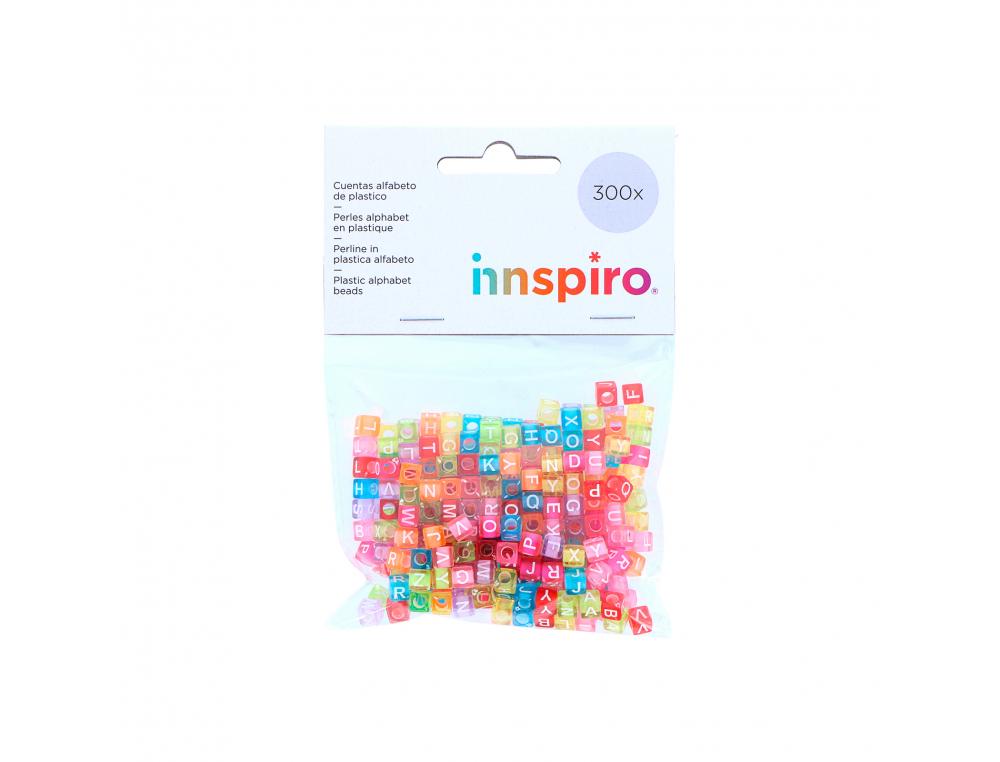 PERLE PLASTIQUE INNSPIRO FORME CARREE 6MM IMPRIMEE ALPHABET BLANC COLORIS TRANSPARENTS PASTELS ASSORTIS
