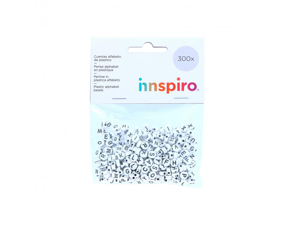 PERLE PLASTIQUE INNSPIRO FORME RONDE PLATE 6MM         IMPRIMEE ALPHABET NOIR SUR    FOND BLANC LOT DE 300 PERLES