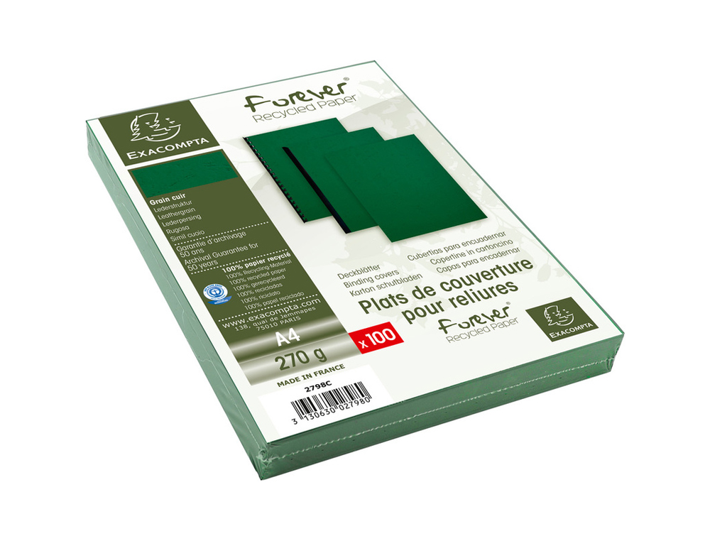 COUVERTURE EXACOMPTA GRAIN CUIR RECYCLE A4 270G COLORIS  VERT PAQUET 100 UNITES