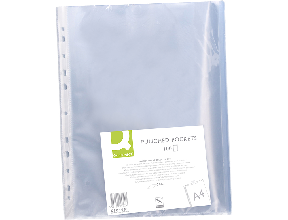 POCHETTE Q-CONNECT POLYPROPYLNE GRAIN 5/100E ECO PERFORE ANTISTATIQUE A4 210X297MM SACHET 100 UNITS