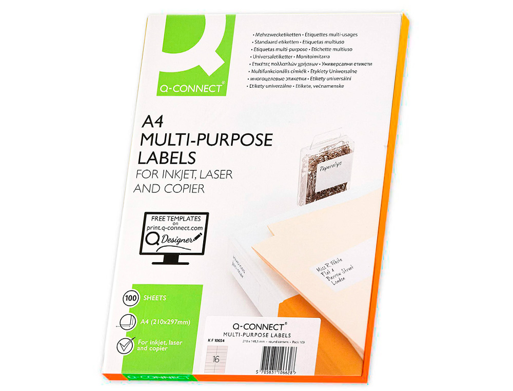 TIQUETTE ADHSIVE Q-CONNECT 105X37MM COINS DROITS IMPRIMANTE JET D'ENCRE LASER COPIEUR BOTE 100 FEUILLES 1600 UNITS