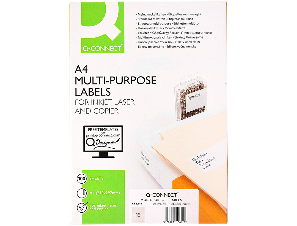 TIQUETTE ADHSIVE Q-CONNECT 105X37MM COINS DROITS IMPRIMANTE JET D'ENCRE LASER COPIEUR BOTE 100 FEUILLES 1600 UNITS
