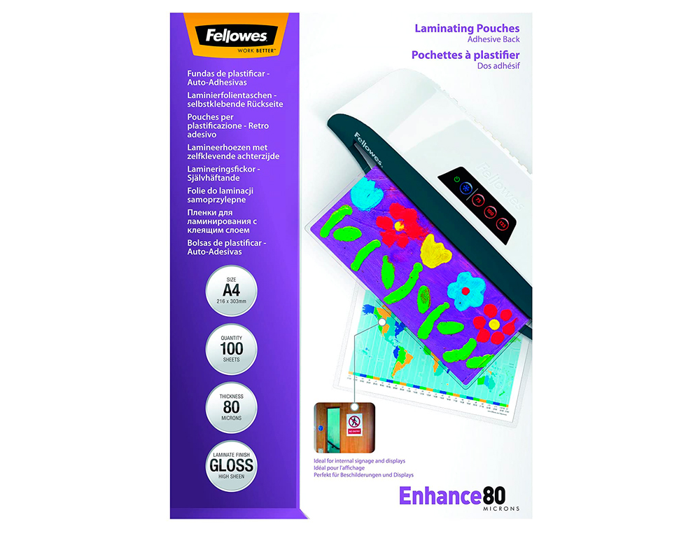 POCHETTE PLASTIFICATION FELLOWES  CHAUD POLYESTER TRANSPARENT RSISTANT EAU FORMAT A4 80 MICRONS DOS ADHSIF BOTE 100U
