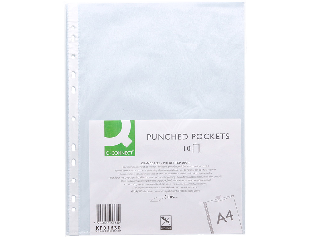 POCHETTE Q-CONNECT POLYPROPYLNE GRAIN 5/100E ECO PERFORE ANTISTATIQUE A4 210X297MM SACHET 10 UNITS