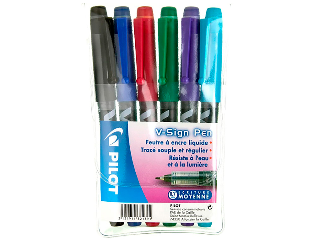 STYLO-FEUTRE PILOT V SIGN PEN CRITURE MOYENNE 0.6MM POINTE FIBRE POLYESTER ENCRE INTENSE LIQUIDE POCHETTE 6 UNITS