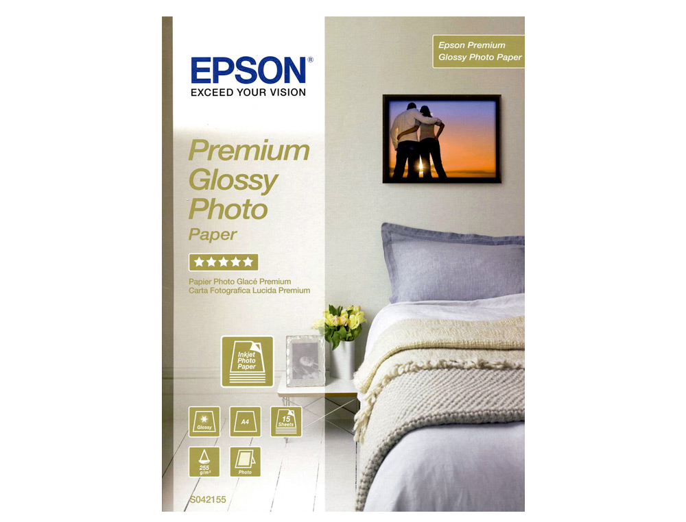 PAPIER PHOTO EPSON JET D'ENCRE PREMIUM GLOSSY GLAC SUPER BRILLANT A4 255G/M2 PAQUET 15 FEUILLES
