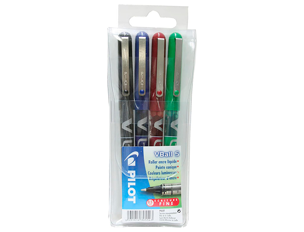 ROLLER PILOT VBALL 5 CRITURE FINE 0.3MM ENCRE LIQUIDE NIVEAU VISIBLE RGULATEUR DBIT CLIP MTAL POCHETTE 4 UNITS