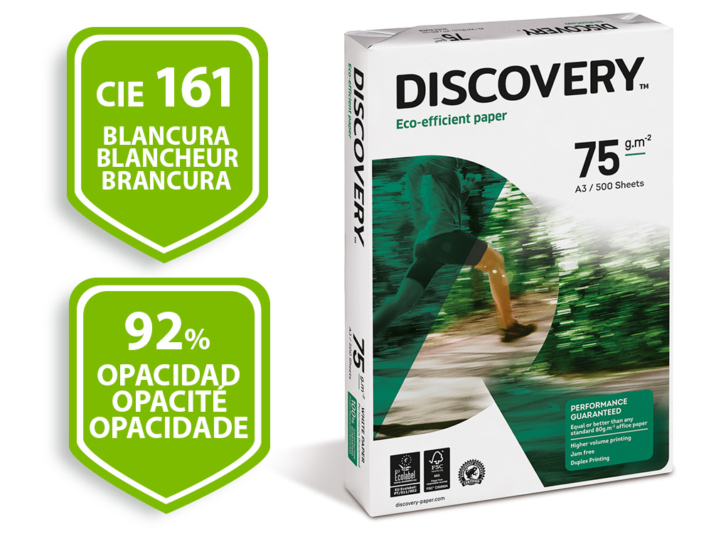 PAPIER DISCOVERY MULTIFONCTION GRAND VOLUME SANS BOURRAGE A3 75G/M2 BLANCHEUR 161 OPACIT 92 RIGIDIT 100 500 FEUILLES