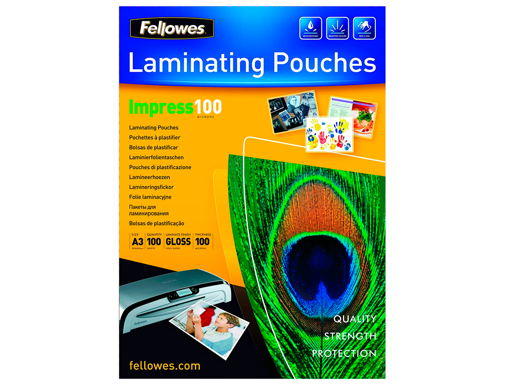 POCHETTE PLASTIFICATION FELLOWES  CHAUD POLYESTER TRANSPARENT RSISTANT EAU FORMAT A3 100 MICRONS BOTE 100 UNITS