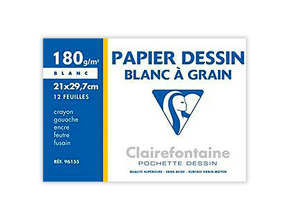 PAPIER DESSIN CLAIREFONTAINE GRAIN LGER PRONONC SANS ACIDE BLANCHEUR NATURELLE 180G A4 POCHETTE 12F