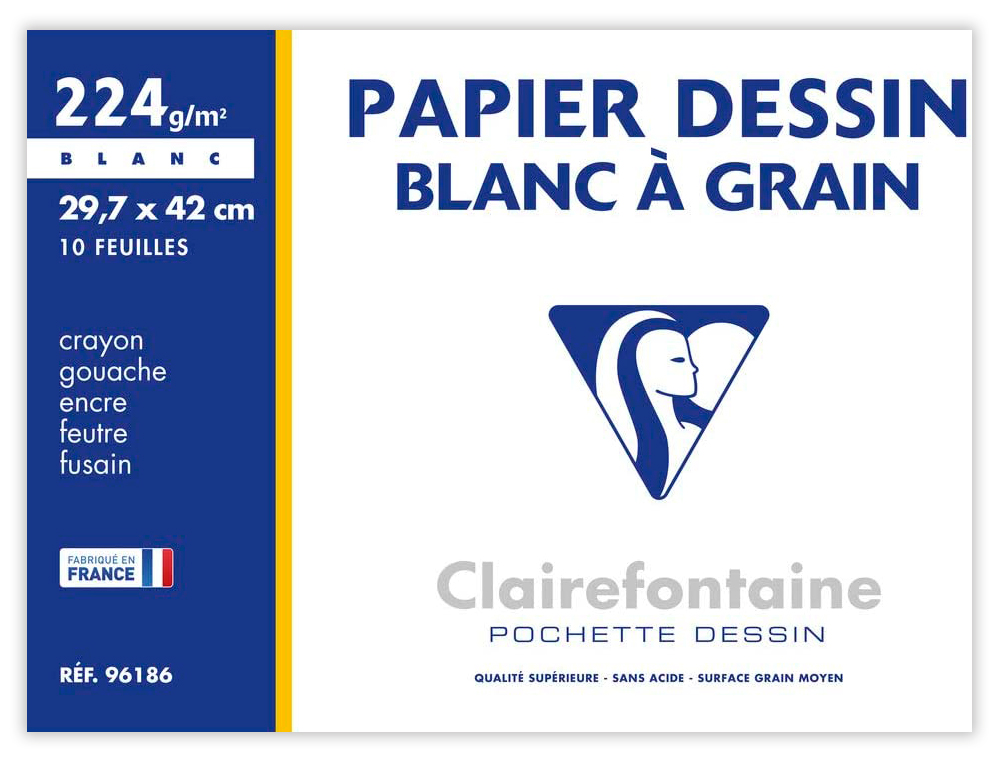 PAPIER DESSIN CLAIREFONTAINE GRAIN LÉGER PRONONCÉ SANS ACIDE BLANCHEUR NATURELLE 224G A3 POCHETTE 10F