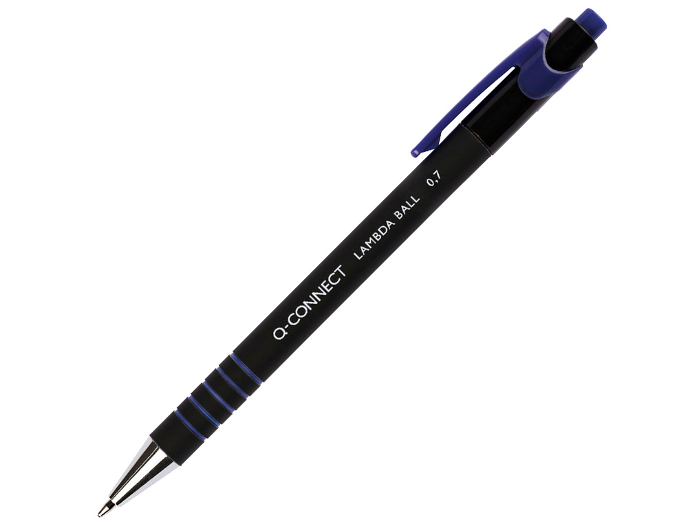 STYLO-BILLE Q-CONNECT LAMBDA RTRACTABLE CRITURE MOYENNE 0.7MM POINTE MTAL CORPS CAOUTCHOUC COULEUR ENCRE BLEU
