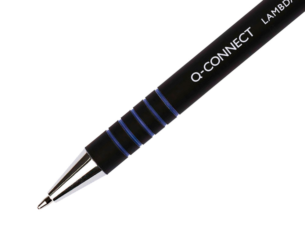 STYLO-BILLE Q-CONNECT LAMBDA RTRACTABLE CRITURE MOYENNE 0.7MM POINTE MTAL CORPS CAOUTCHOUC COULEUR ENCRE BLEU