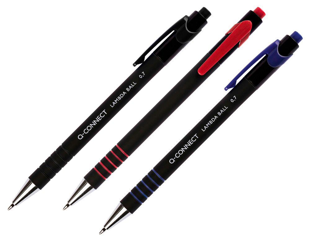 STYLO-BILLE Q-CONNECT LAMBDA RTRACTABLE CRITURE MOYENNE 0.7MM POINTE MTAL CORPS CAOUTCHOUC COULEUR ENCRE BLEU