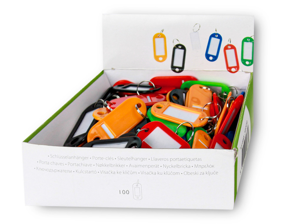 PORTE-CLÉS Q-CONNECT PORTE-ÉTIQUETTE PLASTIQUE 50X22MM 5 COLORIS ASSORTIS PRÉSENTOIR 100 UNITÉS