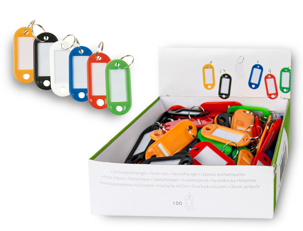 PORTE-CLÉS Q-CONNECT PORTE-ÉTIQUETTE PLASTIQUE 50X22MM 5 COLORIS ASSORTIS PRÉSENTOIR 100 UNITÉS