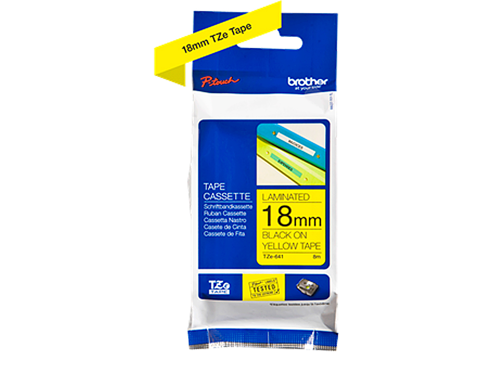 RUBAN LAMIN TZE POUR TITREUSE BROTHER P-TOUCH TZE641 18MM COLORIS IMPRESSION NOIR/JAUNE