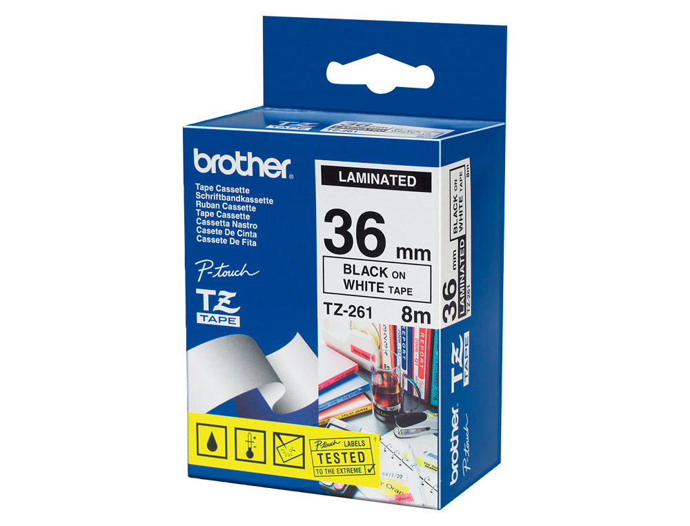 RUBAN LAMIN TZE POUR TITREUSE BROTHER P-TOUCH TZE261 36MM COLORIS IMPRESSION NOIR/BLANC