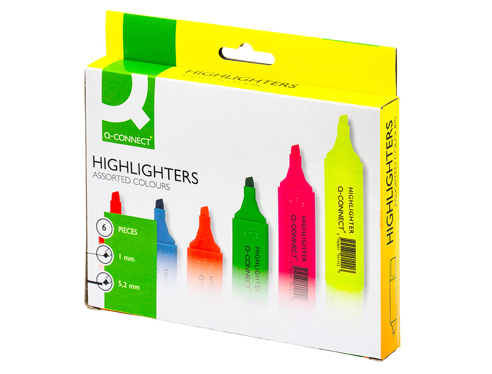 SURLIGNEUR Q-CONNECT TRAC 2/5 MM POINTE BISEAUTE COULEURS CLATANTES POCHETTE 6 UNITS ASSORTIES