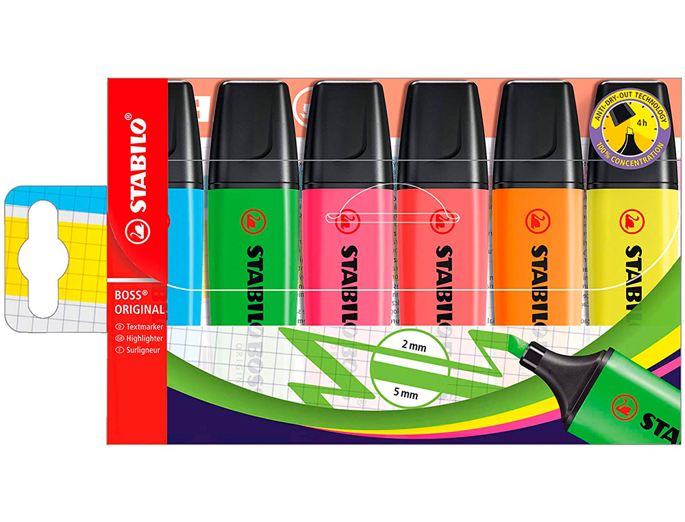 SURLIGNEUR STABILO BOSS TRAC 2/5MM POINTE BISEAUTE ENCRE UNIVERSELLE BASE EAU RSISTANTE LUMIRE POCHETTE 6 UNITS