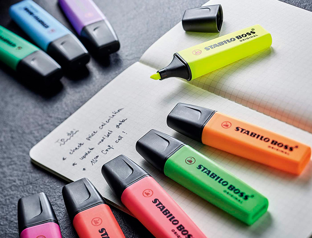 SURLIGNEUR STABILO BOSS TRAC 2/5MM POINTE BISEAUTE ENCRE UNIVERSELLE BASE EAU RSISTANTE LUMIRE POCHETTE 6 UNITS