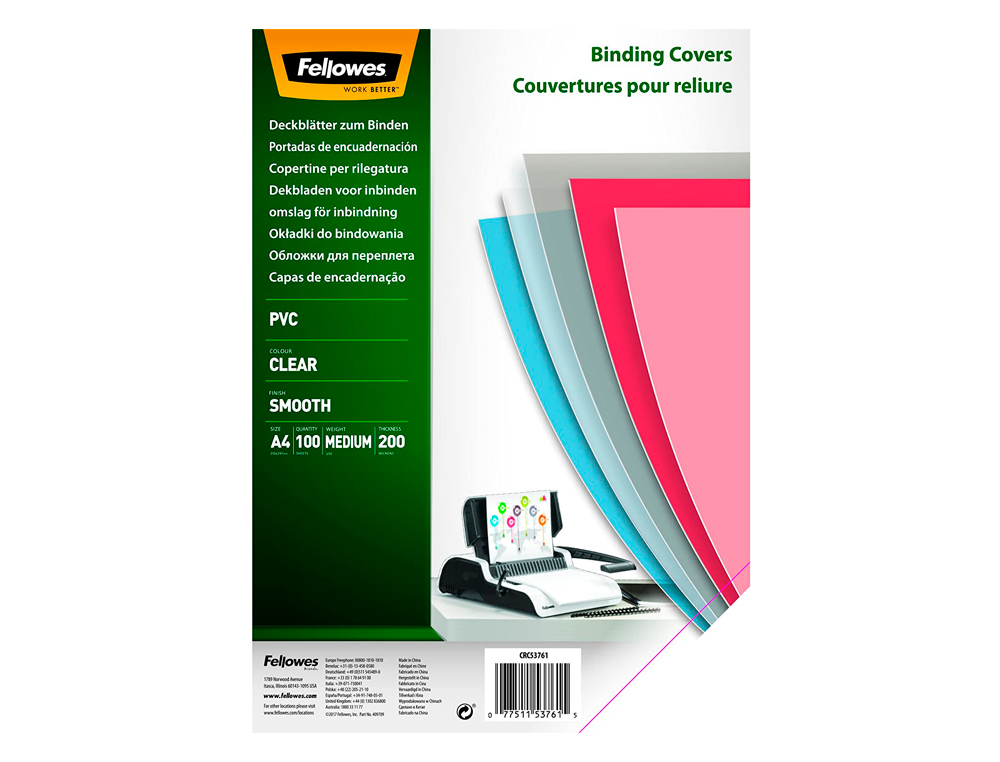 COUVERTURE FELLOWES PVC TRANSPARENT GRAMMAGE PRESTIGE 20/100E FORMAT A4 PAQUET 100 UNITS