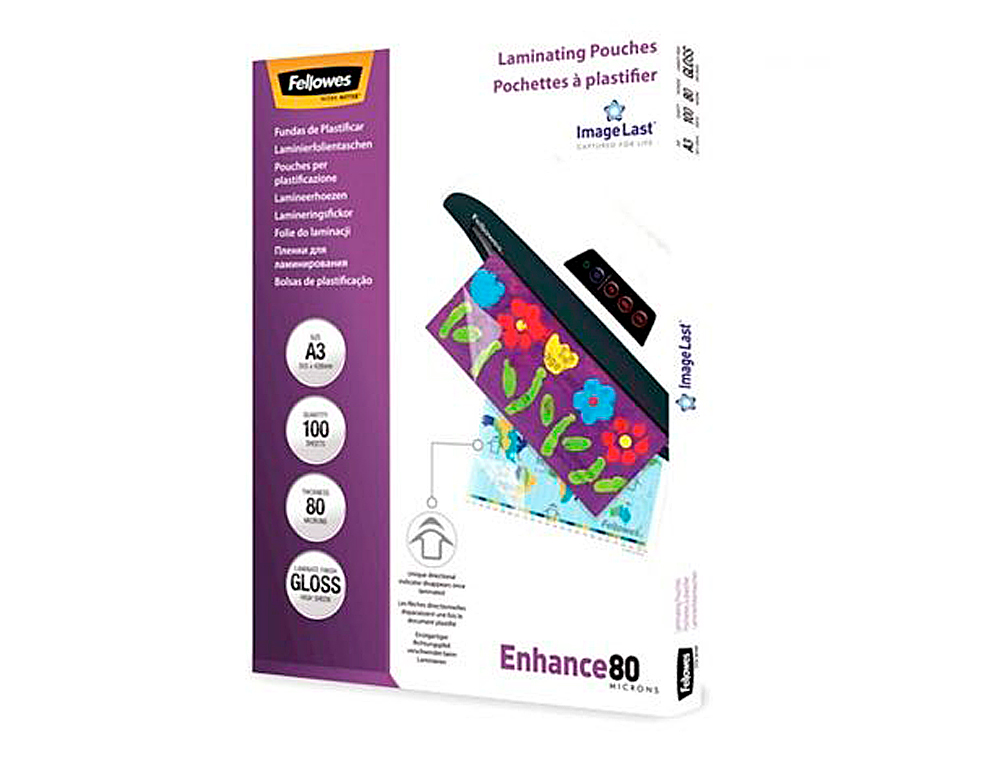 POCHETTE PLASTIFICATION FELLOWES À CHAUD POLYESTER TRANSPARENT RÉSISTANT EAU FORMAT A3 80 MICRONS BOÎTE 100 UNITÉS