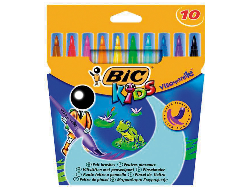 FEUTRE BIC KIDS VISAQUARELLE ENCRE LAVABLE POINTE PINCEAU EXTRA-SOUPLE BLOQUÉE COULEURS TRÈS VIVES ÉTUI CARTON 10U