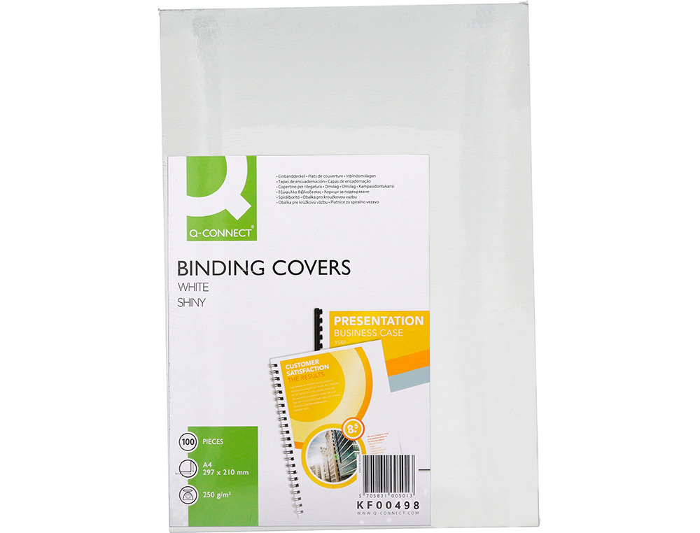 COUVERTURE Q-CONNECT CARTON 250G GRAIN CUIR POUR RELIURE FORMAT A4 COLORIS BLANC BRILLANT PAQUET 100 UNITS