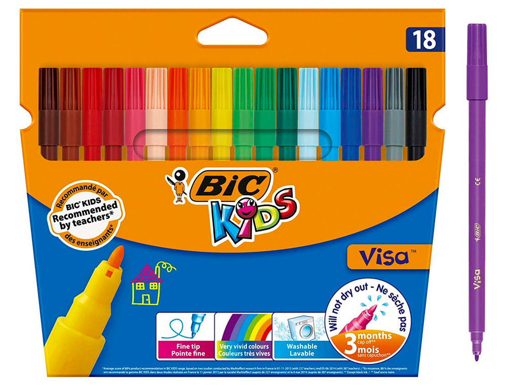 FEUTRE BIC KIDS VISA COLORIAGE ENCRE LAVABLE CAPUCHON VENTIL POINTE BLOQUE ULTRA-RSISTANTE TUI CARTON 18 UNITS