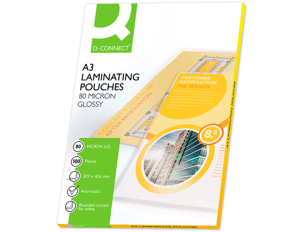 POCHETTE PLASTIFICATION Q-CONNECT  CHAUD CONOMIQUE FORMAT A3 80 MICRONS BOTE 100 UNITS