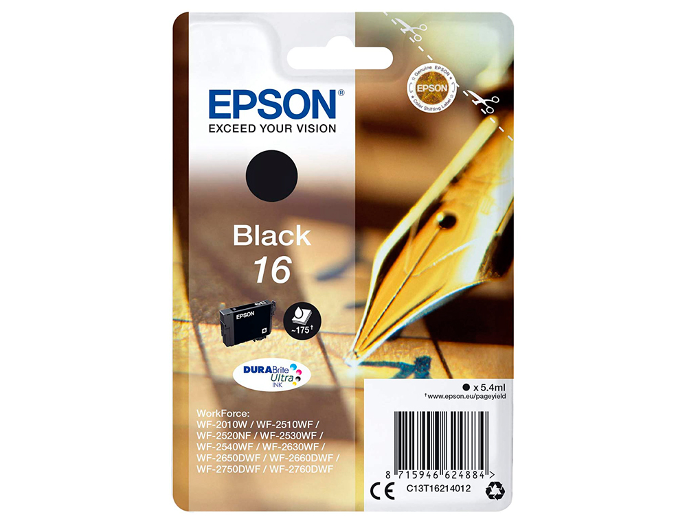 CARTOUCHE EPSON T1621 JET D'ENCRE C13T16214010 COULEUR NOIR 175P