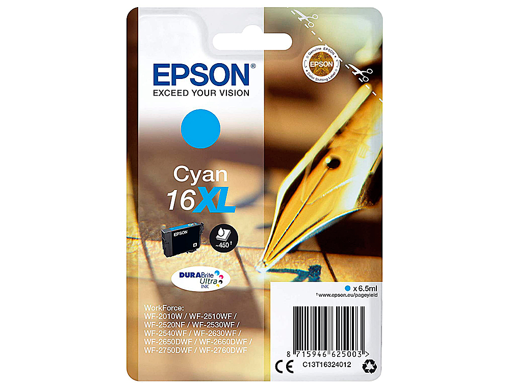 CARTOUCHE EPSON T1632 JET D'ENCRE C13T16324010 COULEUR CYAN HAUTE CAPACITÉ 450P