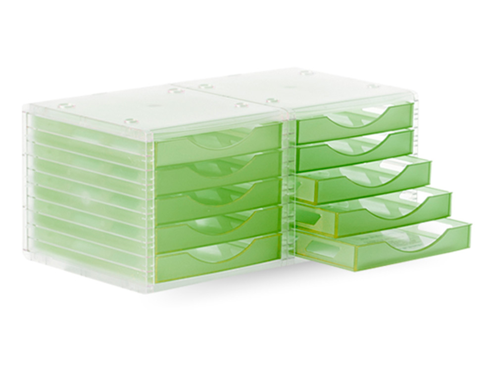 MODULE CLASSEMENT Q-CONNECT 5 TIROIRS OUVERTS BASE 340X270X260MM BUTE SCURIT COLORIS VERT TRANSLUCIDE