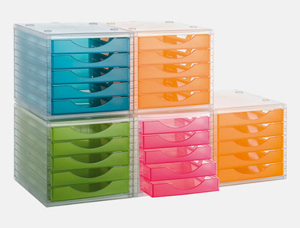 MODULE CLASSEMENT Q-CONNECT 5 TIROIRS OUVERTS BASE 340X270X260MM BUTE SCURIT COLORIS VERT TRANSLUCIDE