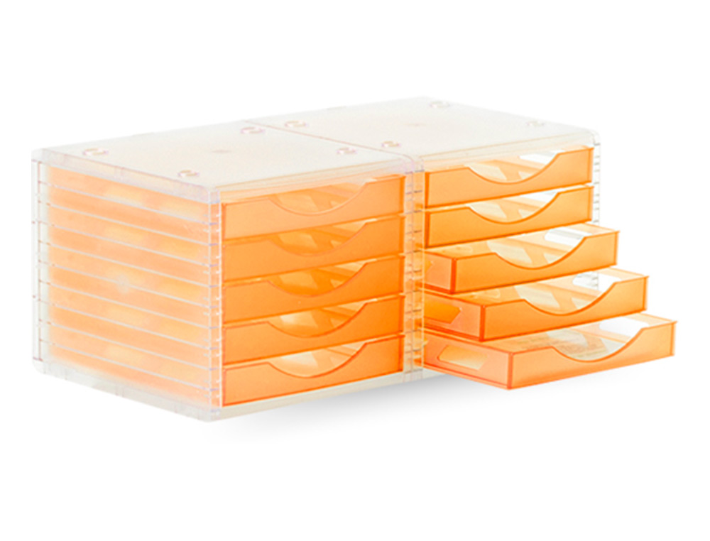 MODULE CLASSEMENT Q-CONNECT 5 TIROIRS OUVERTS BASE 340X270X260MM BUTE SCURIT COLORIS ORANGE TRANSLUCIDE