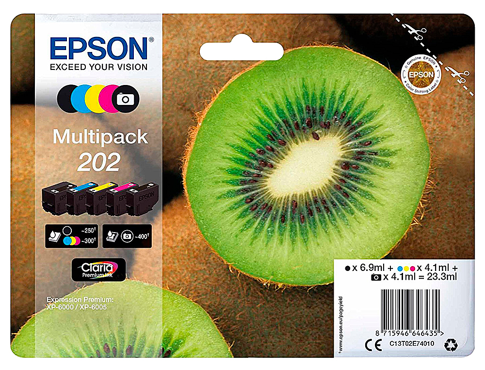 CARTOUCHE EPSON JET D'ENCRE 202 PHOTO MULTIPACK XL 5 COULEURS NOIR JAUNE CYAN MAGENTA NOIR 650P